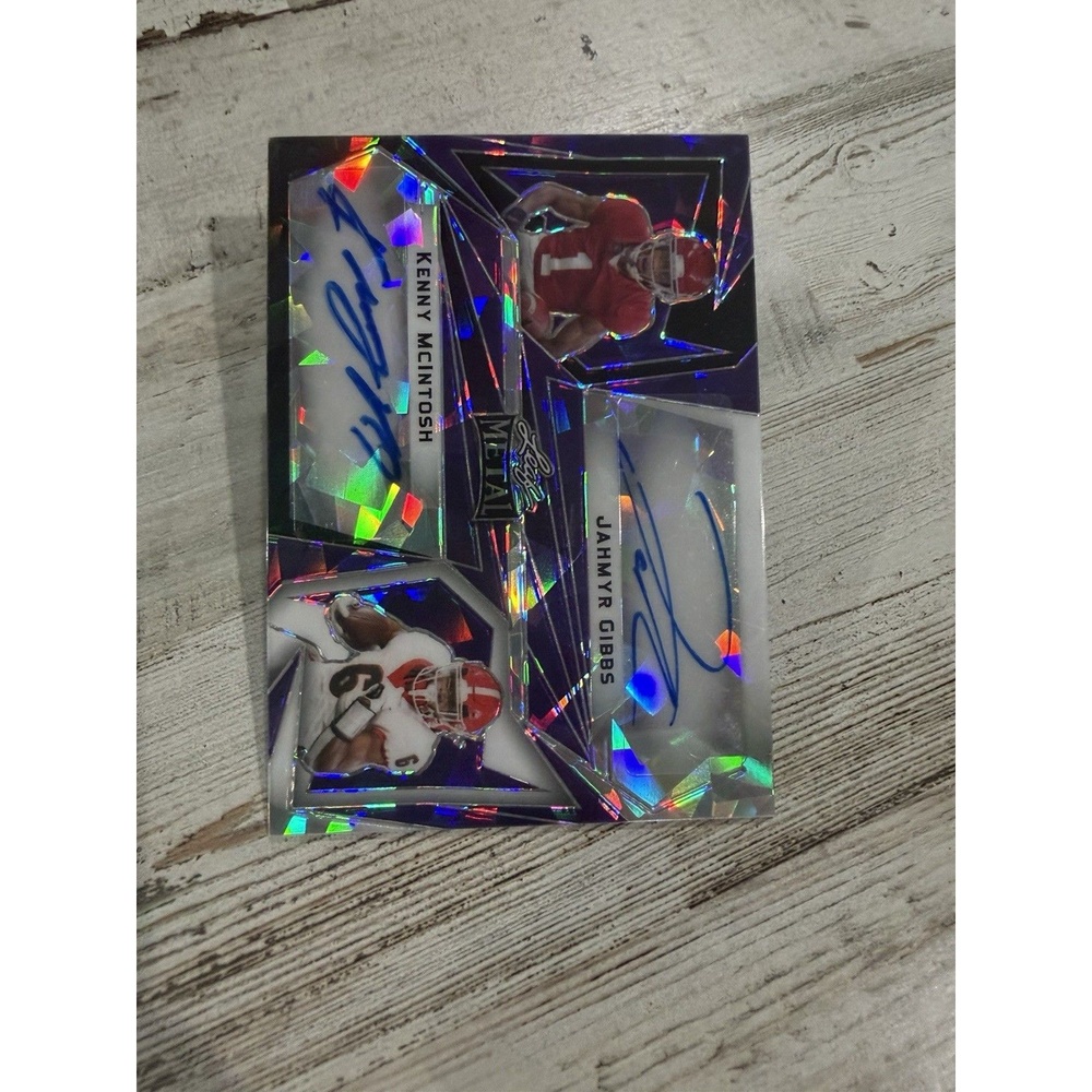 Kenny McIntosh Jahmyr Gibbs 2023 Leaf Metal Dual Auto 1/1 Purple Cracked Ice